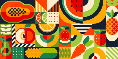 Geometric pattern with tropical fruits. Vector background with papaya, watermelon, apple and avocado. Pineapple, citrus, orange with lime or lemon and strawberry. Vegetables carrot or tomato and corn
