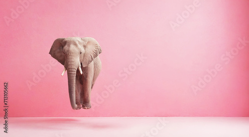 Fototapeta elefante sospeso nel vuoto su sfondo rosa