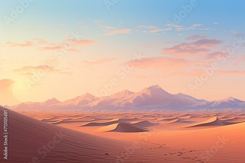 Peaceful desert view with gentle sand hills and softly colored dawn sky. Generative AI © Tanith
