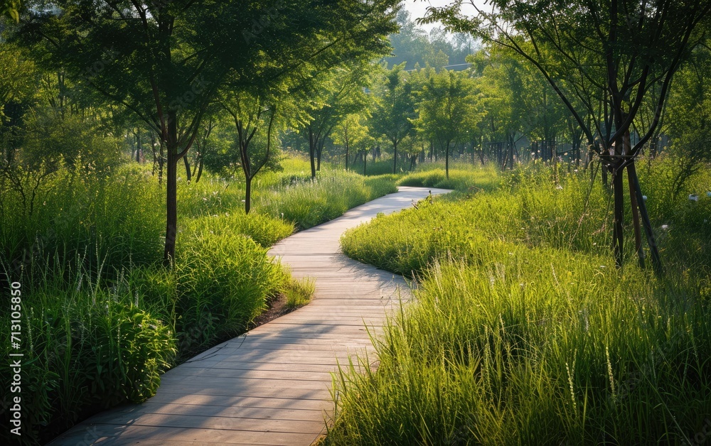 A green corridor connecting urban parks, promoting wildlife movement