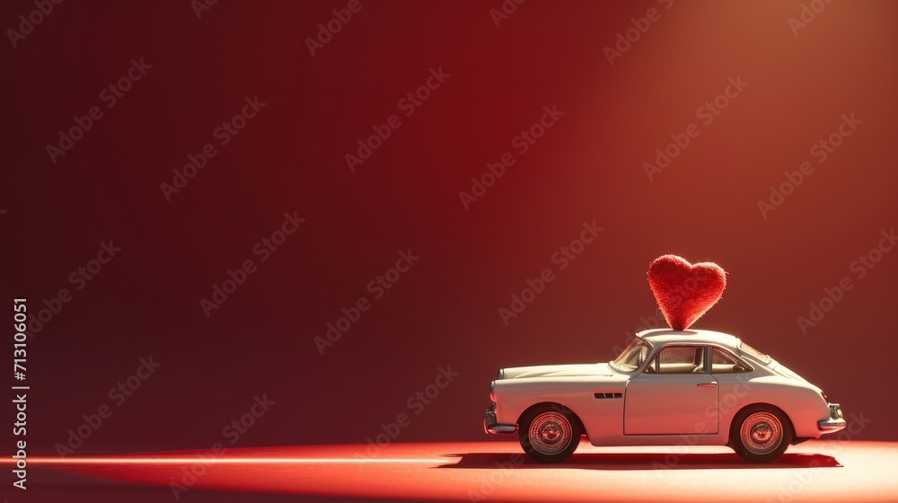 Profile side view photo of modern stylish toy beautiful white present gift car with little red heart standing in center of spotlight searchlight isolated on red background copy-space - obrazy, fototapety, plakaty 