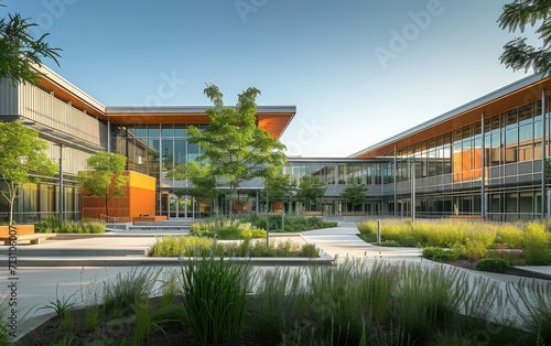 A green-certified school building with efficient HVAC systems and natural daylighting, showcasing sustainable architecture