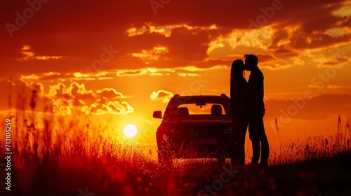 Silhouette kissing men and women at sunset next to the car. A couple in love travels by car at sunset.  © Zahid