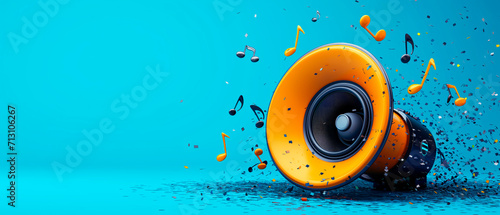 Speaker system for music in colorful background. Sound and audio equipment.