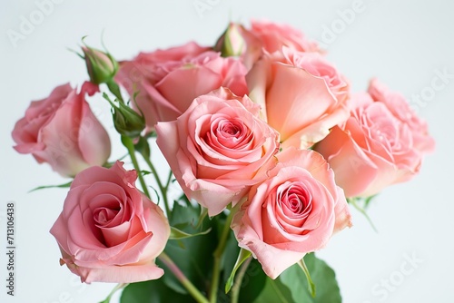 realistic bouquet  pink roses  neutral  pastel background  studio lighting