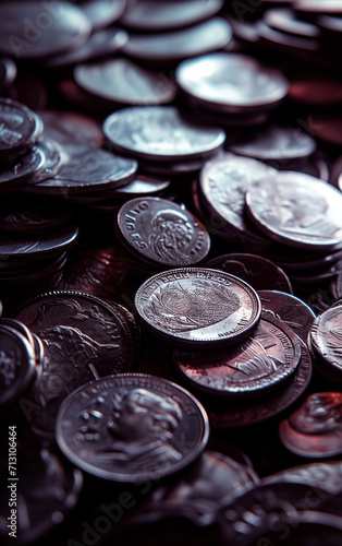 Close up image of a pile of coins. Investment  inflation  money  costs  financial and currency concept.