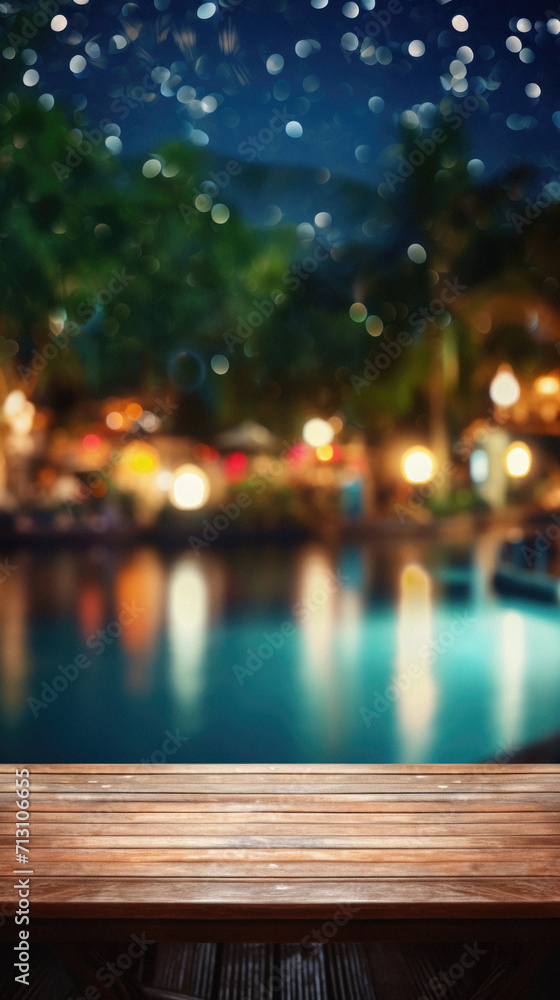 Wooden table pool bokeh background, empty wood desk product display mockup with blurry tropical hotel resort abstract poolside summer travel backdrop advertising presentation. Mock up, copy space. Wooden table pool bokeh background, empty wood desk product display mockup with blurry tropical hotel resort abstract poolside summer travel backdrop advertising presentation. Mock up, copy space.