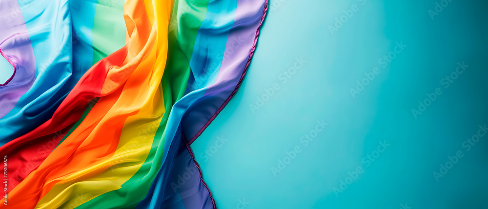 LGBT Pride rainbow flag over blue background with empty space for text. Diversity, love, freedom and LGBT concept. - obrazy, fototapety, plakaty 