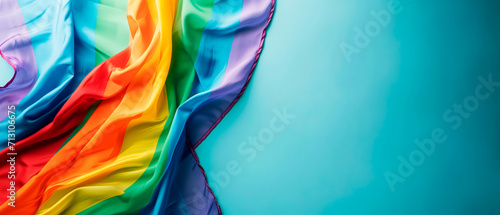 LGBT Pride rainbow flag over blue background with empty space for text. Diversity, love, freedom and LGBT concept.