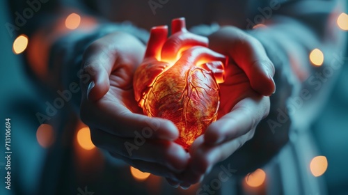 A pair of hands gently cradle a luminous human heart, embodying the essence of cardiac care, health, and the forefront of medical technology #713106694