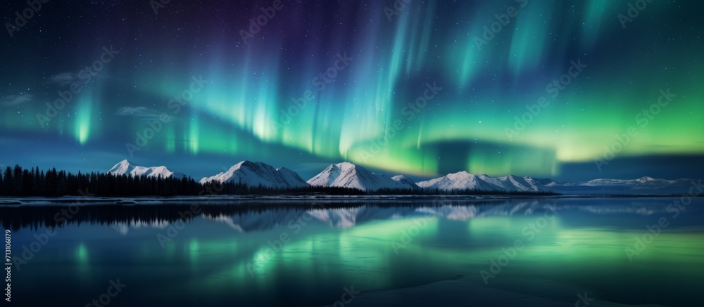 Breathtaking Northern Lights Over Snowy Mountains Reflection
