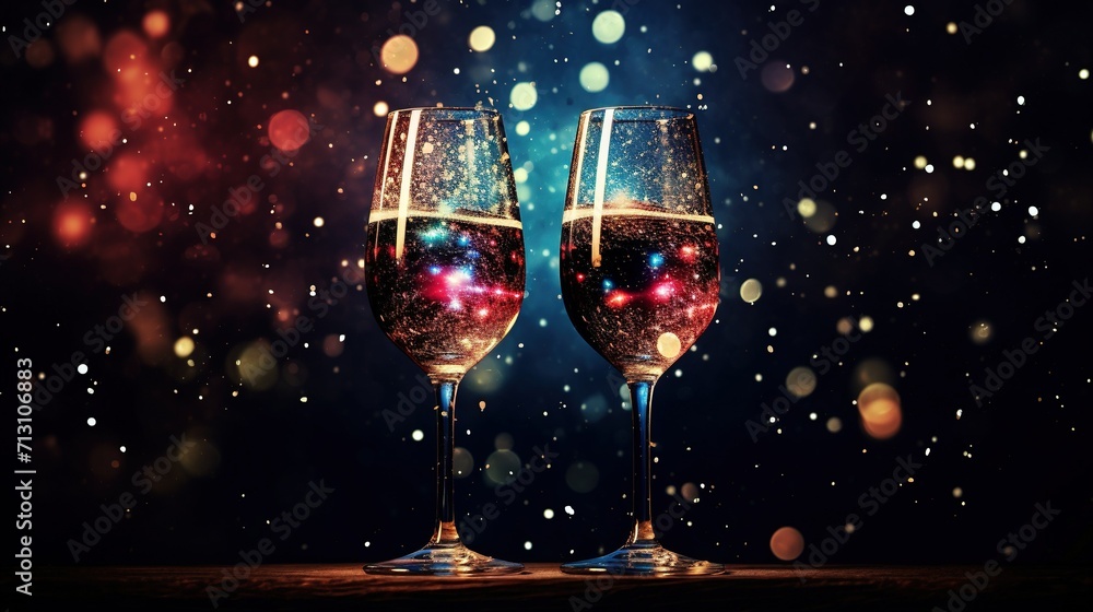Two glasses of wine on a table with a bokeh background ai generative image Two glasses of wine on a table with a bokeh background ai generative image