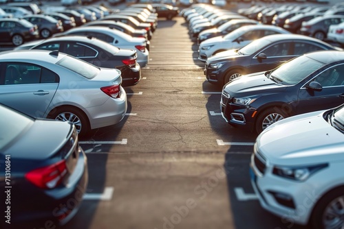 Car parked at outdoor parking lot. Used car for sale and rental service. Car insurance background. Automobile parking area
