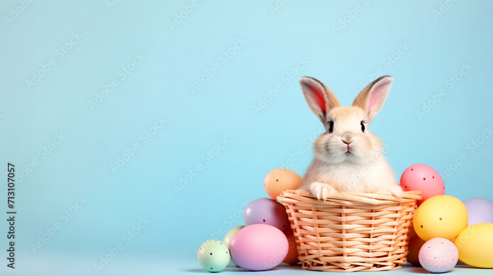 Easter bunny sitting in a basket with colorful Easter eggs - ai generative Easter bunny sitting in a basket with colorful Easter eggs - ai generative