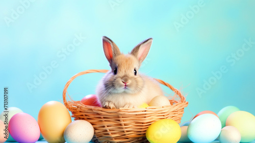 Easter bunny sitting in a basket with colorful Easter eggs - ai generative