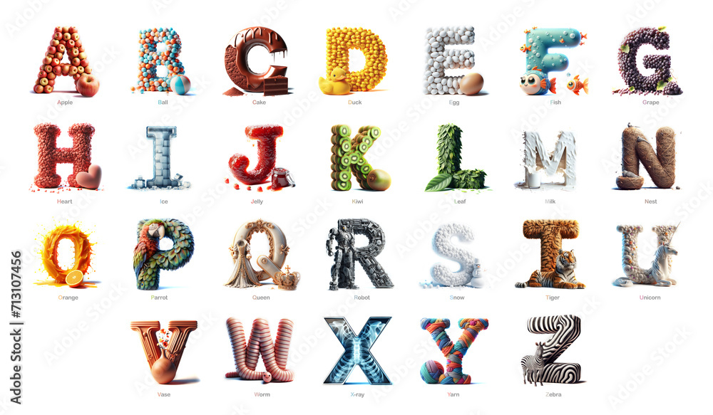 Dynamic 3D alphabet for children. A to Z. 3D alphabet set against a white background. Unique AI rendered alphabet from A to Z on a white horizontal banner poster. Extra large - obrazy, fototapety, plakaty 