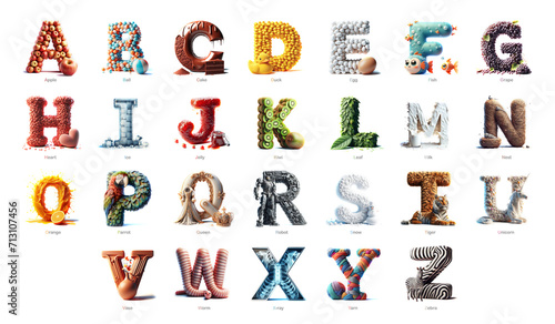 Dynamic 3D alphabet for children. A to Z. 3D alphabet set against a white background. Unique AI rendered alphabet from A to Z on a white horizontal banner poster. Extra large