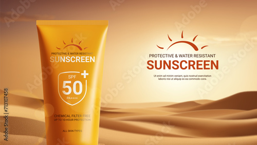 Promo banner for sunscreen ad. Concept of minimalist design of advertisement of sunscreen. Vector illustration with tube with cream on desert sand with sunset on background. Ad of cosmetics product.