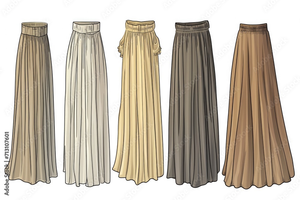Four different colored skirts displayed on a white background. Ideal for fashion websites or clothing catalogs Four different colored skirts displayed on a white background. Ideal for fashion websites or clothing catalogs