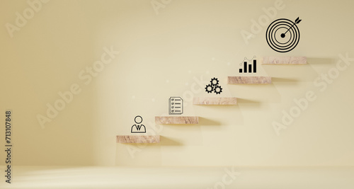woods block step on table with icon Action plan, Goal and target, success and business target concept, project management, company strategy