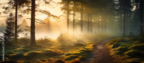 Morning Sunlight Piercing Through Mist in a Serene Forest