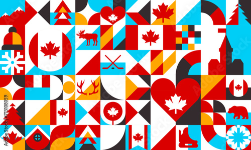 Abstract geometric Canada shapes, pattern. Canadian travel vector background. Modern collage of squares, circles and triangles, maple leaf flag, Ottawa parliament, hockey, bear and moose
