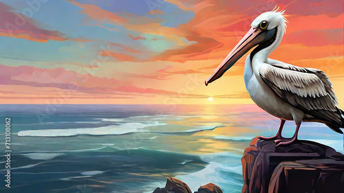 A colorful Pelican sweeming in water.