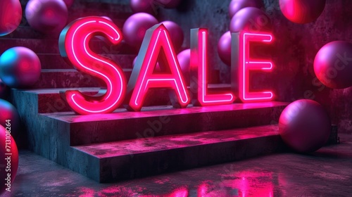 A neon sale sign surrounded by red and blue balls