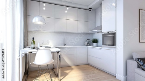 A white kitchen with a table and chairs  open plan kitchen corner design.