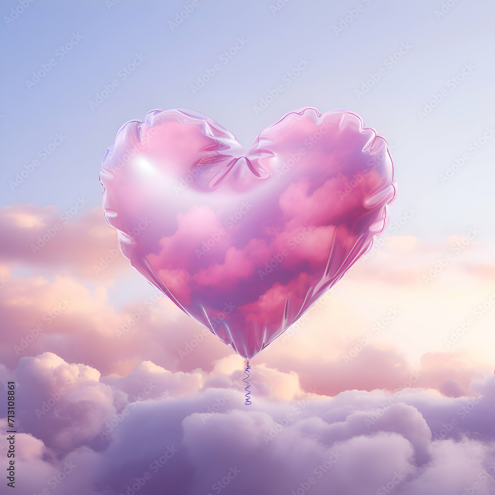 Fototapeta premium Heart in the clouds. Valentine's Day background. 3D rendering