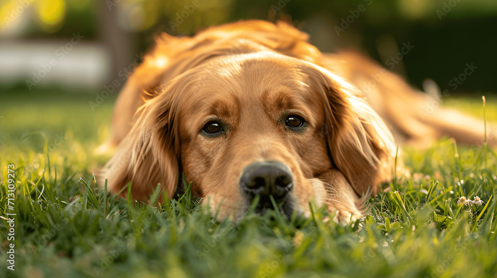 Tranquil Golden Retriever Lounging in Sunlit Green Haven