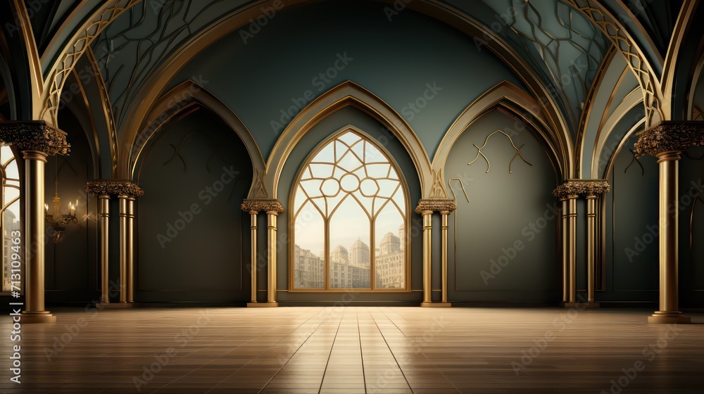 Artistic and Modern Middle Eastern Architecture, Interior Building Design with podium and beige elements in Arabic minimalist style. Podium in the style of Ramadan, Eid Mubarak.