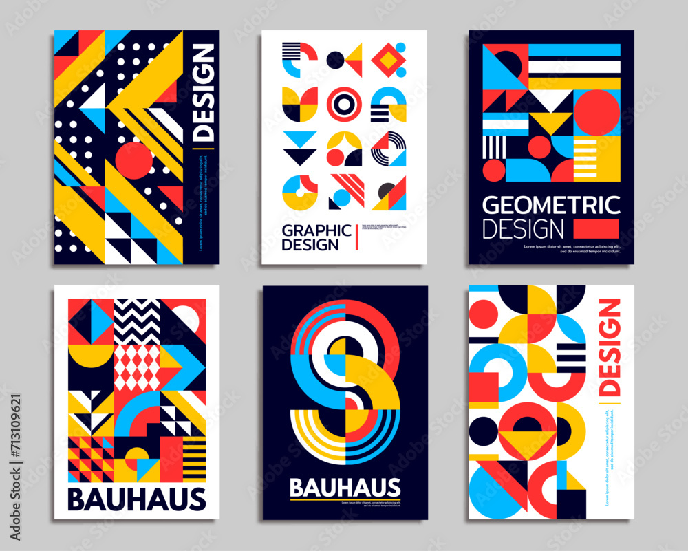 Modern abstract posters. Geometric pattern with simple color shapes. Vector graphic background of color collage with circles, triangles and squares. Creative geometric blocks geometric patterns