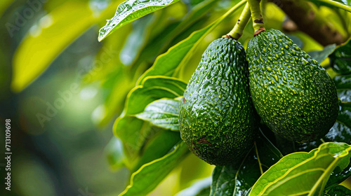 Close up image of fresh organic avocado in the orchard. photo