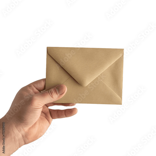 Male hand holding a blank envelope. Isolated on transparent background, no background, cutout.