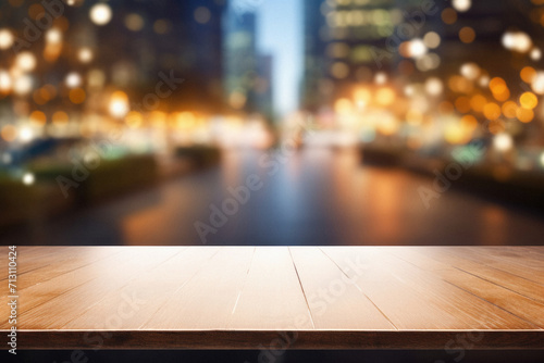 Wooden cafe table bokeh background, empty wood desk restaurant tabletop counter in bar or coffee shop surface product display mockup with blurry city lights backdrop presentation. Mock up, copy space.