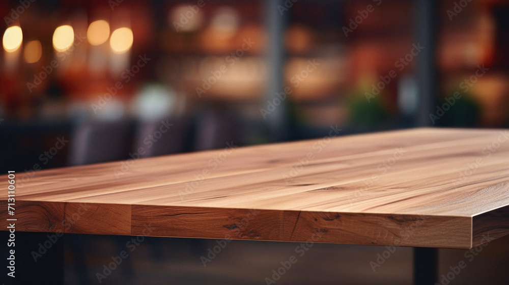 Wooden home table bokeh background, empty wood desk cafe tabletop surface product display mockup with blurry living room or city abstract backdrop advertising presentation. Mock up, copy space.