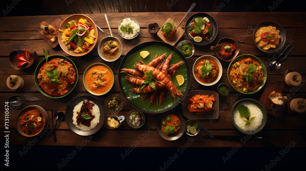 Asian food served on wooden table top view