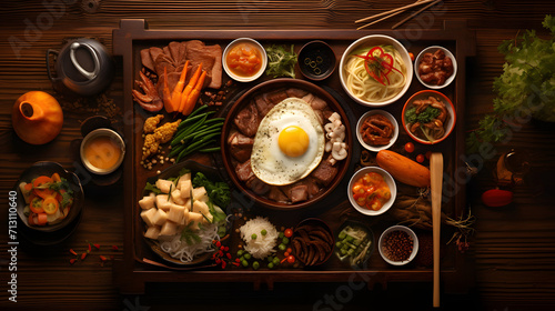 Asian food served on wooden table top view