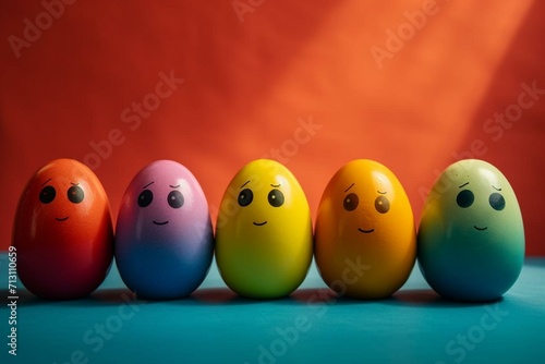 Six amusing, vibrant Easter eggs standing alone on a bright backdrop. Generative AI