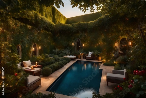 Envision an enchanting garden framed by the lush foliage of dense pomegranate trees. The super realistic rendering, paired with perfect lighting, captures the harmony