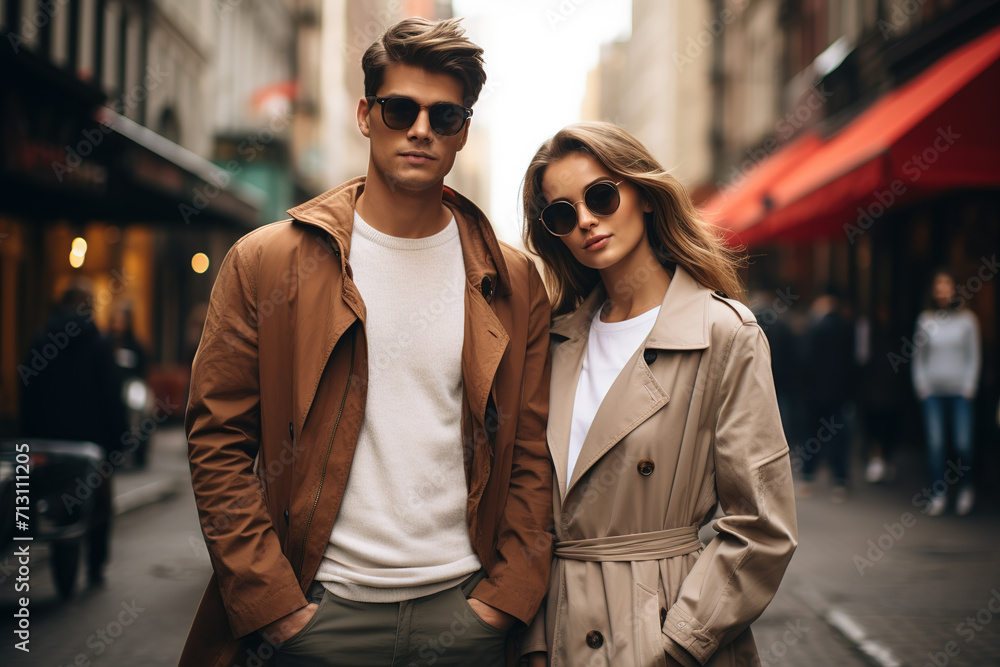 Modern couple of blonde girl and boy dressed in modern stylish clothes pose with black glasses