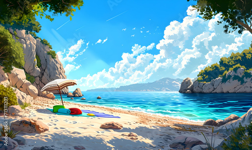 Seascape with beautiful beach on an island. Summer holidays illustration.