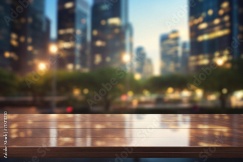 Wooden cafe table bokeh background, empty wood desk restaurant tabletop counter in bar or coffee shop surface product display mockup with blurry city lights backdrop presentation. Mock up, copy space.