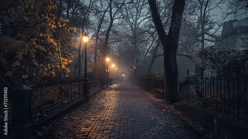 photorealistic illustration of a scary scene place, of a empty street in the dark 