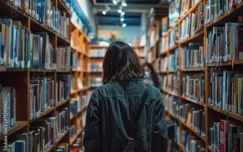 A person is walking through a library filled with numerous books, browsing through the shelves.