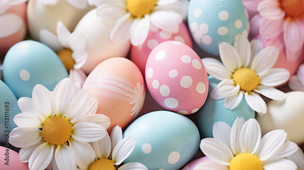 Top view of decorated easter eggs in pastel colors with spring flowers. Easter celebration concept