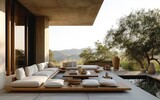 A sleek outdoor lounge space with comfortable seating and minimalist design, set against a backdrop of rolling hills 