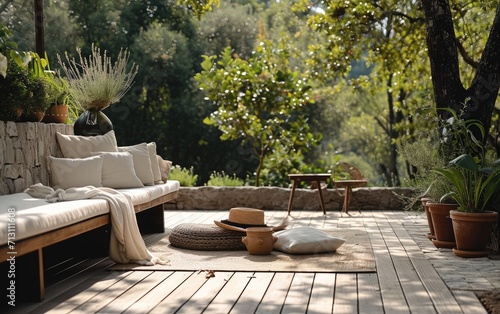 A tranquil patio setting showcasing a plush daybed and a rustic wooden deck, surrounded by an abundance of plants and trees, evoking a sense of peace and relaxation