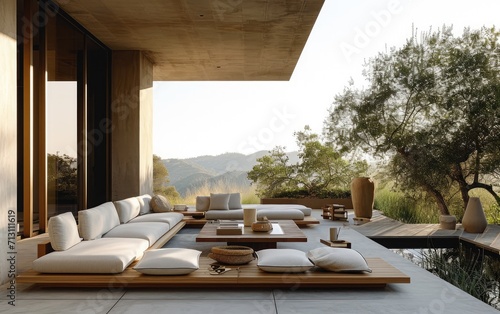 A sleek outdoor lounge space with comfortable seating and minimalist design, set against a backdrop of rolling hills  photo